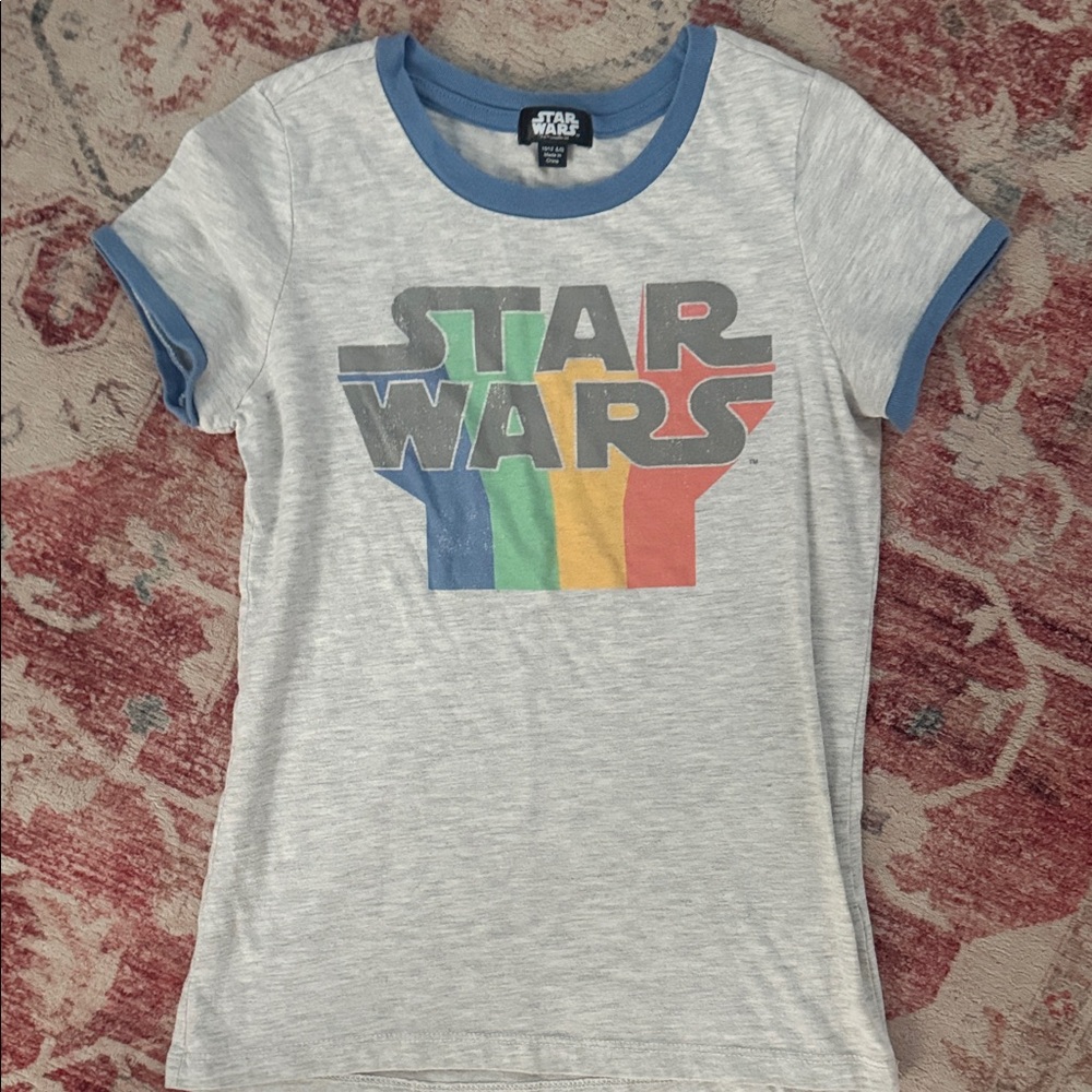 Star Wars Girls Light Gray Tee with Blue Trim and Rainbow Logo